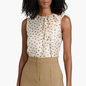 MaxMara Pegli Asymmetric Ruffle Polka Dot Silk-Twill Sleeveless Top in Cream/Tan